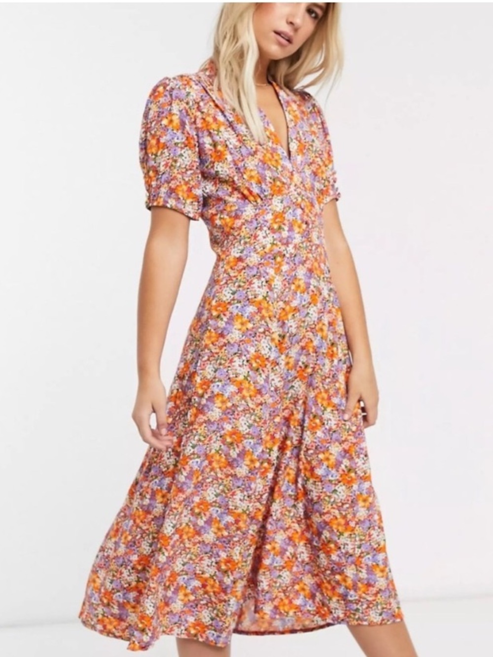 FAITHFULL THE BRAND FLOWY MIDI DRESS V-NECK FEMININE PRAIRIE ROMANTIC SIZE 6 MED - Picture 8 of 16